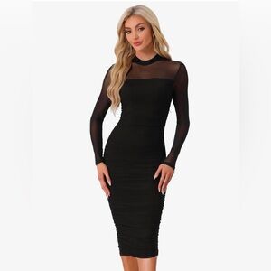 Allegra K Sheer Mesh Dress Women Mock Neck Long Sleeve Ruched Black Cocktail